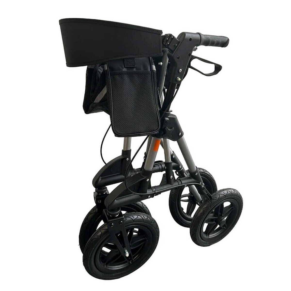 The stealth outdoor all terrain rollator folded up for storage or transportation